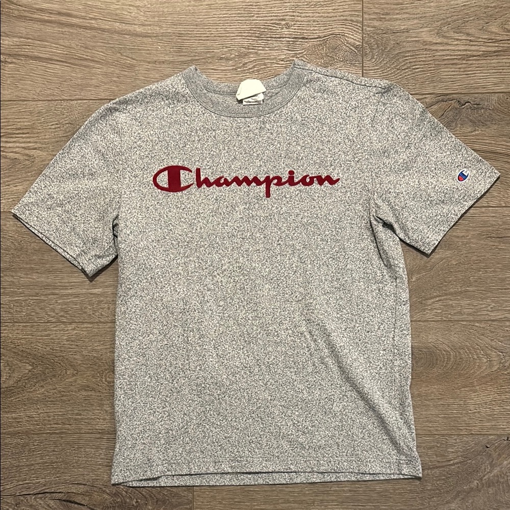 Champion Heather Gray Tee with Red Script Logo